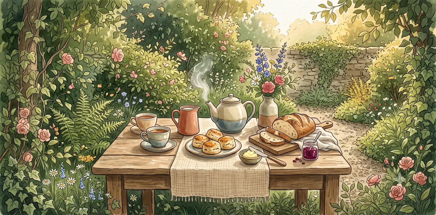緑豊かな庭で、焼きたてのパンとスコーン、温かい紅茶が並ぶ朝食のイラスト